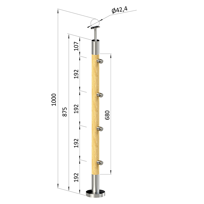 Dřevěný podestový sloupek - vrchní kotvení, 4 pruty, EDB-KVHS4-1