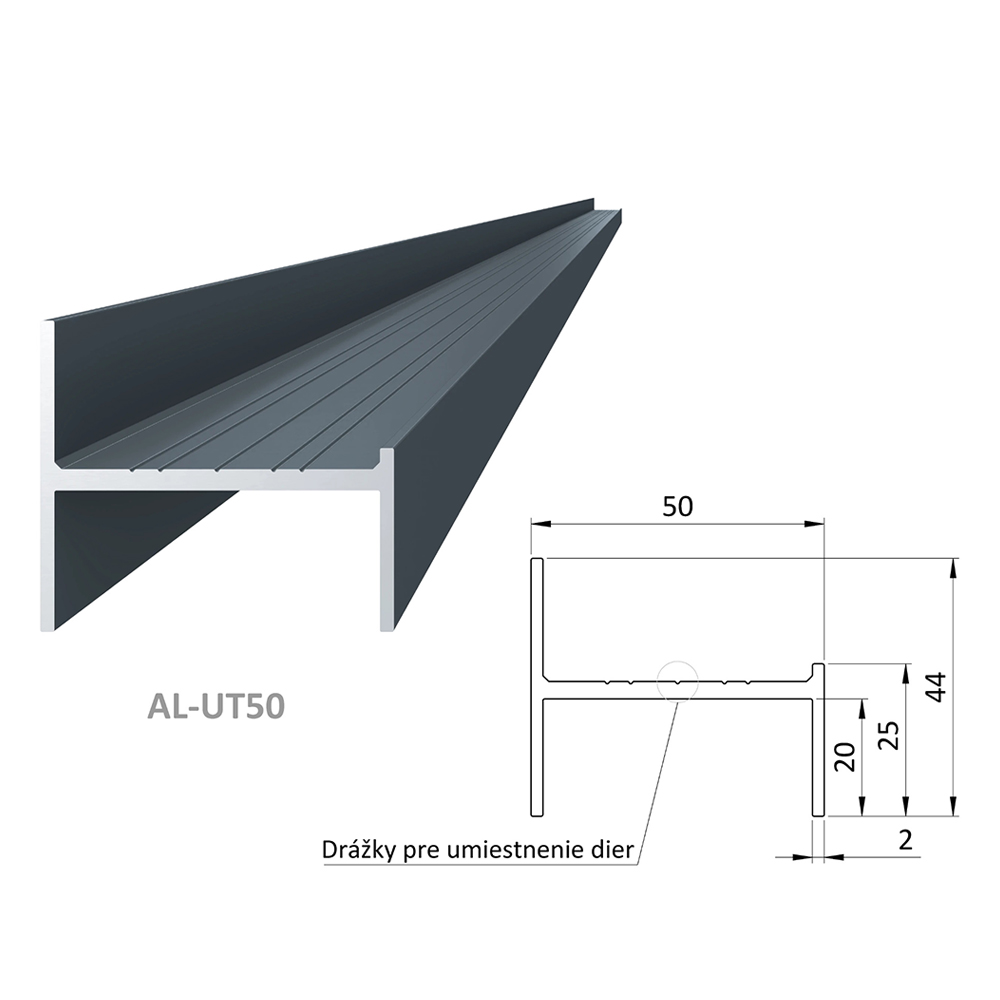Hliníkový UT profil - antracit, 50x44mm, AL-UT50-7016-6