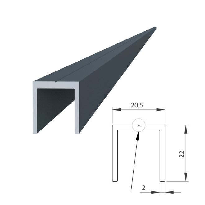 Hliníkový U profil struktura RAL7016, 20,5x22mm, na rám, AL-U21-7016S-6 Hliníkový U profil struktura RAL7016, 20,5x22mm, na rám, AL-U21-7016S-6