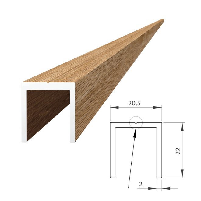 Hliníkový U profil buk, 20,5x22mm, na rám, AL-WDU21-BK-6 Hliníkový U profil buk, 20,5x22mm, na rám, AL-WDU21-BK-6