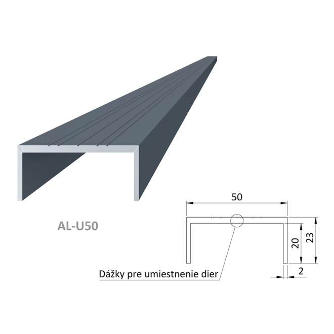 Hliníkový U profil - antracit, 50x22mm, AL-U50-7016-6