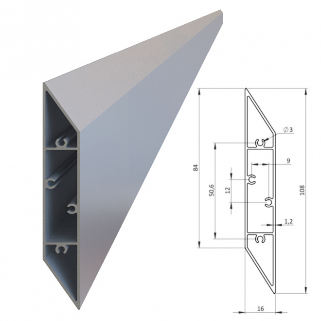Hliníkový profil kosý 108x16mm, na výplň, AL-LAF1-6