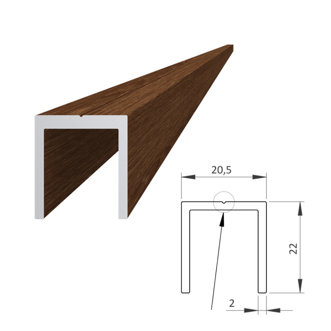 Hliníkový U profil ořech, 20,5x22mm, na rám, AL-WDU21-OR-6 Hliníkový U profil ořech, 20,5x22mm, na rám, AL-WDU21-OR-6